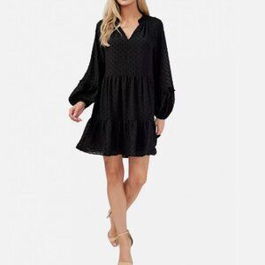 CeCe V-Neck Long Sleeve Clip Dot Ruffle Tiered Babydoll Dress Black Size 2x